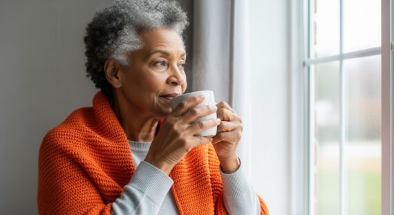 Senior african american woman drinking from a mug by the window. Mature lady in a cozy orange shawl relaxing at home.